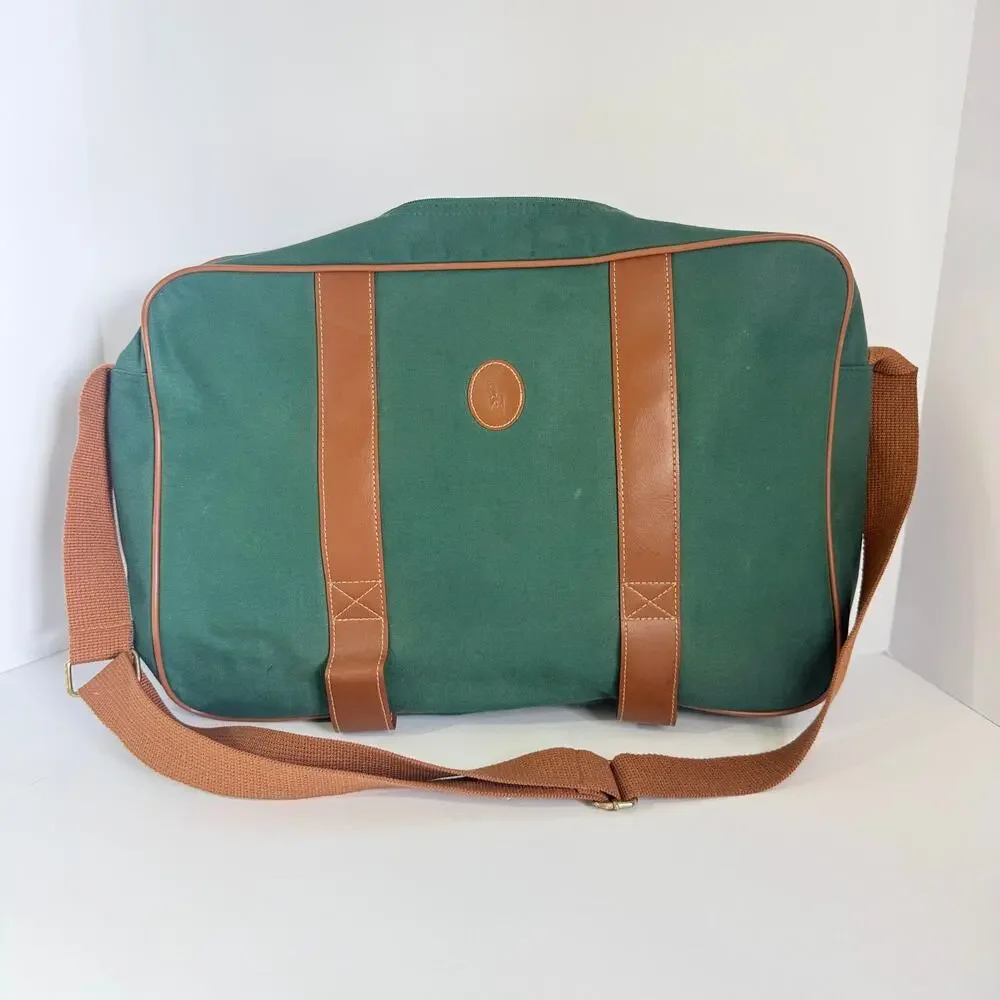 Vintage 90s Polo Ralph‎ Lauren Green Canvas Leather Messenger Travel Bag
